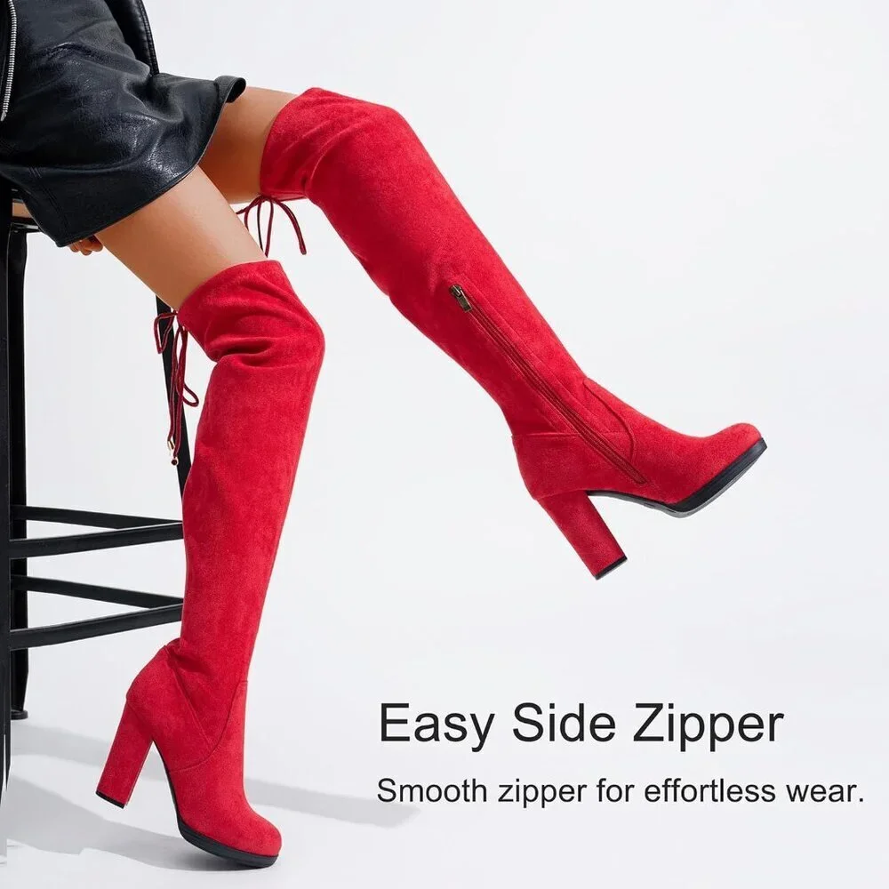Women's Red-imitation Suede Thigh High Over The Knee Rounded Toe Tall Long Boot